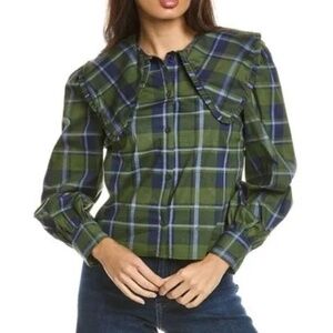 NWT WeWoreWhat Collar Puff Sleeve Classic Plaid Top Size Small